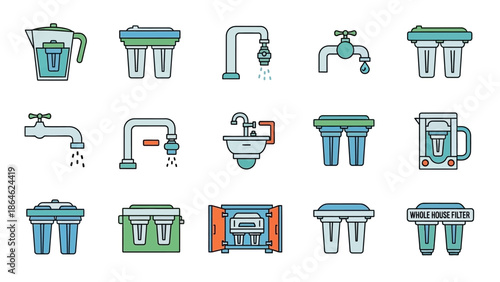 Collection of water filters and faucets in flat design style.