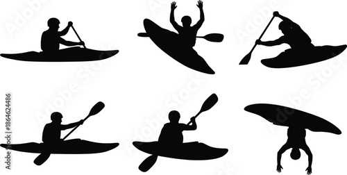 Professional Kayak Silhouette Set Featuring Extreme Water Sports Action River Rafting Adventure Outdoor Recreation Lifestyle and Active Summer Vacation Exercise Graphic Elements