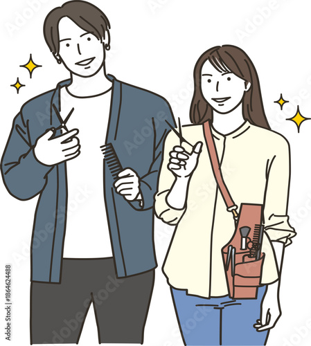 男女の美容師が並ぶヘアサロンのイラスト