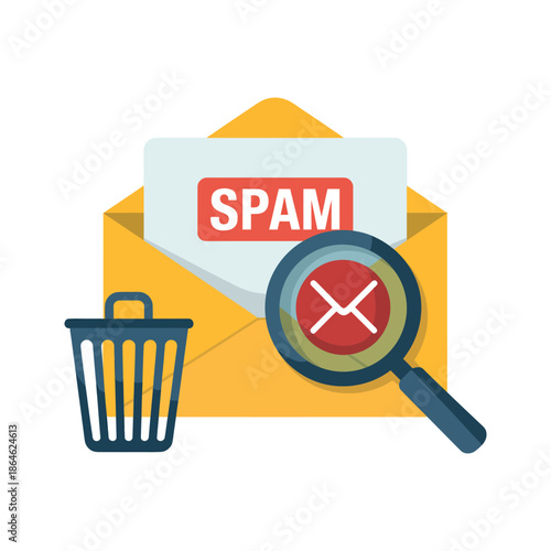 Magnifying glass searches for spam email next to a trash can and envelope.