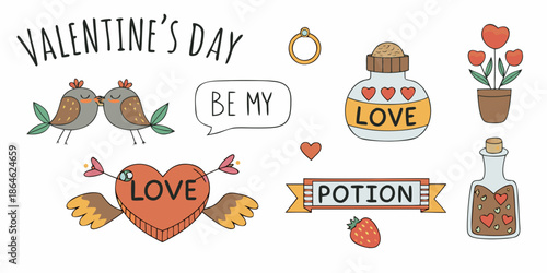 Valentine s day themed doodles featuring hearts birds potion and love messages