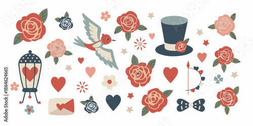 A whimsical collection of roses a bird top hat and romantic elements