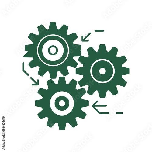 Three interconnected dark green gears represent mechanical process.