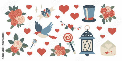 A charming collection of love themed illustrations including hearts and floral arrangements