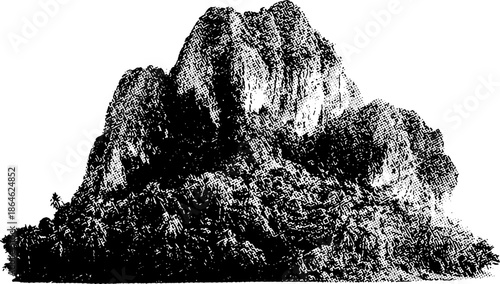 high-contrast black and white illustration of a rugged limestone mountain or karst formation. The image features a stark white background, emphasizing the intricate textures of the rocky cliffs.