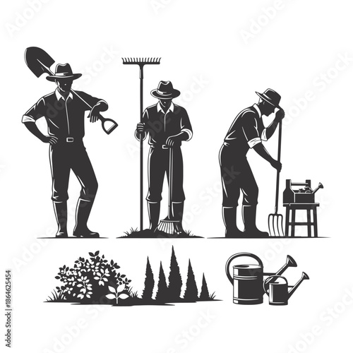 Gardeners Working with Shovel Rake and Watering Can Silhouette Set