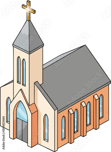 Modern Christian Church Building Illustration with Cross, Minimal Flat Vector Architecture