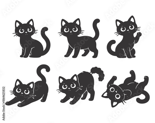 Playful Black Cat Silhouettes in Various Poses and Movements Set