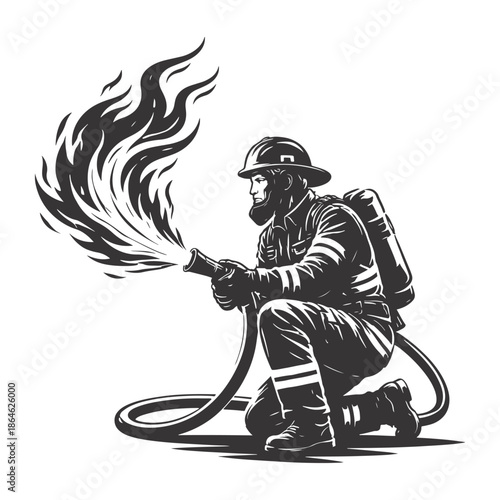 Brave Firefighter Crouching and Using a Hose to Fight Fire Vector Illustration