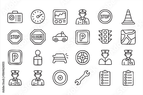 Police and Traffic Safety Line Icons for Smart City Interfaces