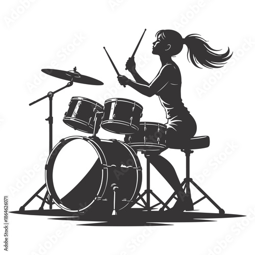 Female Drummer Silhouette Playing Full Drum Kit Music Performance Vector Illustration