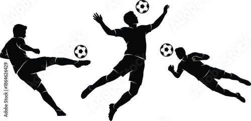 Set of black silhouettes of soccer players in action including kicking the ball, jumping to head the ball, and goalkeeper diving