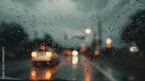 Driving in heavy rain looking through wet window at night traffic bokeh
