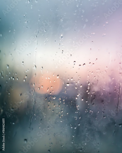 Rain drops on window glass bokeh effect urban background texture