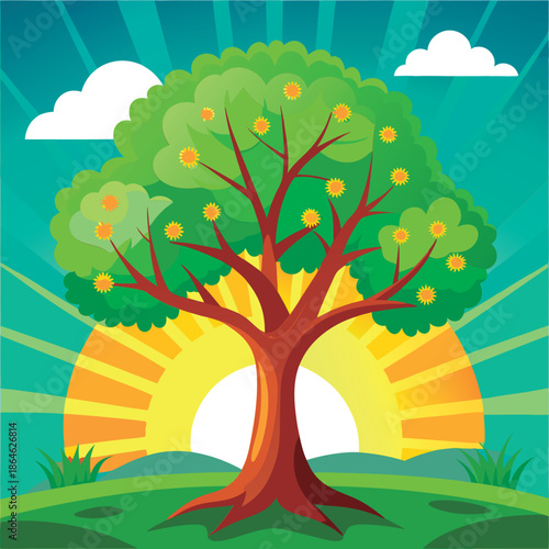 Sunrise tree in vibrant colors.