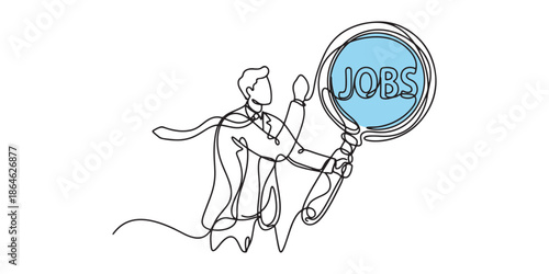 Minimalist continuous line art illustration of a businessman holding a magnifying glass searching for the word JOBS. Concept of recruitment, hiring, employment, and career opportunity.