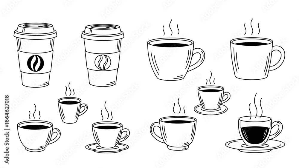 Fototapeta premium Hot Coffee Cup Line Art Icons Set