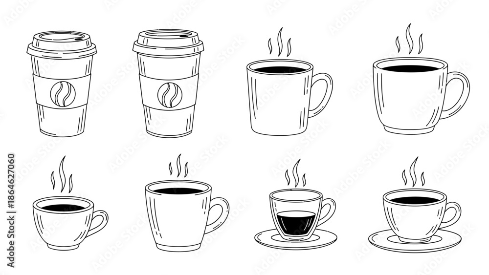 Fototapeta premium Hot Coffee Cup Line Art Icons Set