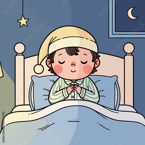 Peaceful child sleeping in bed with hands together