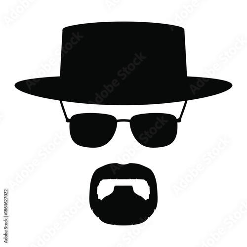 Walter white silhouette in black and white showing anonymous person with a hat glasses and facial hair in tv series fashion as conceptual identity element