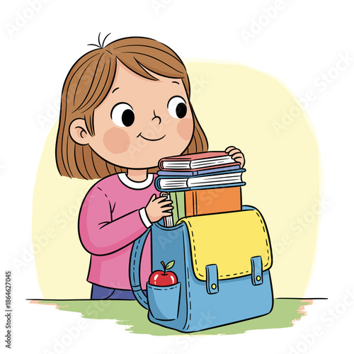 Smiling schoolgirl carrying books to class in colorful outfit