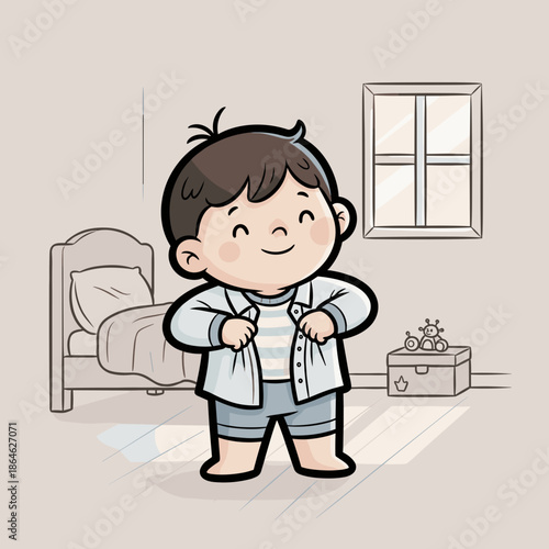 Happy little boy dressing himself in cozy bedroom