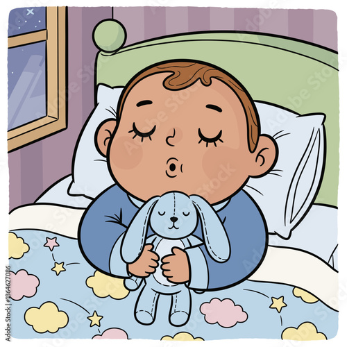 Sweet baby sleeping with teddy bear in cozy bedroom at night