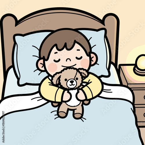 Sweet child sleeping peacefully with teddy bear in bed