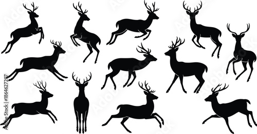 Deer silhouette vector set, running jumping stag poses, wildlife animal collection, forest nature design elements, black white illustration pack