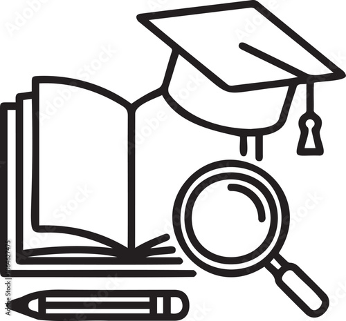 Black Outline Education Icon Set with Book, Graduation Cap, Magnifying Glass, and Pencil Vector