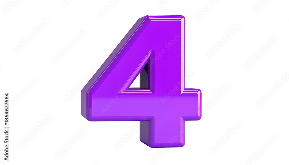 Obraz premium A 3D render of the number four in a vibrant shade of purple, set against a black background, with a glossy finish
