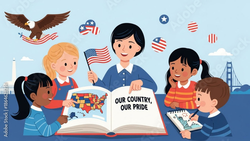 Diverse children learning about america, patriotism and education concept with us flag, eagle and map, kids in classroom setting with diversity
