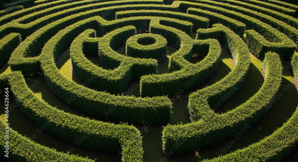 Naklejka premium Aerial view of a well-manicured, verdant labyrinth garden with concentric circular pathways, creating a complex, challenging maze