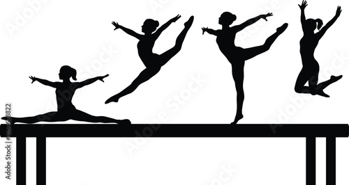 Silhouette collection of young women gymnasts performing professional routines like leaps and splits on a balance beam for athletic competition sports