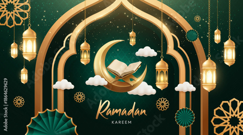 Luxury Ramadan Kareem Background with Open Quran, Crescent Moon and Golden Lanterns – Islamic 3D Illustration
