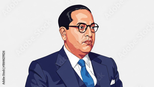 A detailed illustration of a middle aged man in a navy blue suit and blue tie looking to the right with a serious expression on a plain white background