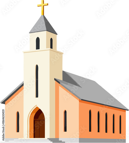 Modern Christian Church Building with Tower and Cross, Minimal Flat Vector Illustration