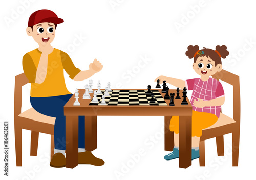 Father and boy play chess happily. Father and boy play chess elements set.