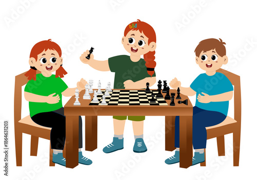Children play chess happily. Kids play chess elements set.