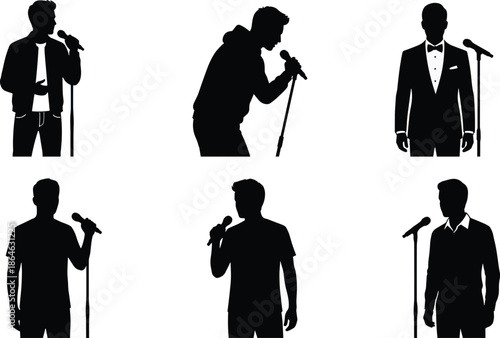 Male singer silhouette set with microphone, diverse performance poses and outfits, flat vector illustration, music stage character design