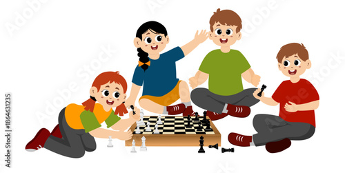 Children play chess happily. Kids play chess elements set.