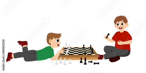 Children play chess happily. Kids play chess elements set.