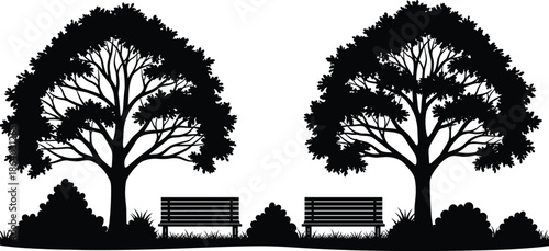 Park scene silhouette, leafy trees and benches, peaceful outdoor setting, black nature artwork, flat vector illustration, tranquil landscape design