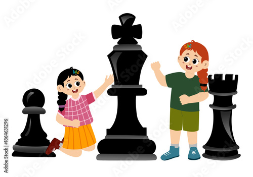 Children play chess happily. Kids play chess elements set.