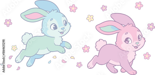 pastel cartoon rabbits, springtime joy, floral background, Easter theme, cute animals, cheerful hopping, mint lavender colors, flat vector illustration