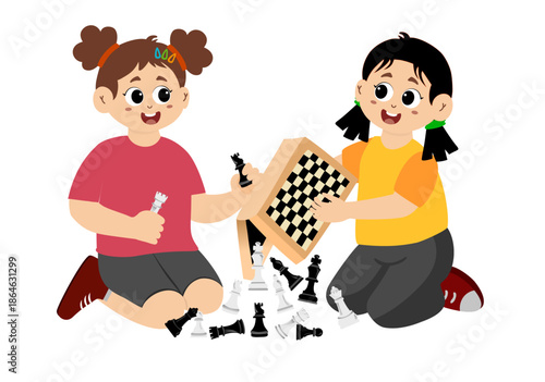 Children play chess happily. Kids play chess elements set.