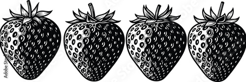 Strawberry silhouette illustration, black and white fruit design, botanical engraving style, repeated berry pattern, flat vector illustration, nature artwork