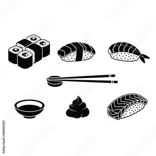Sushi and japanese food icons set Vector, illustration