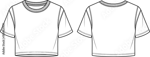 Technical flat sketch of cropped short-sleeve t-shirt, front and back view, fashion design template, garment construction illustration