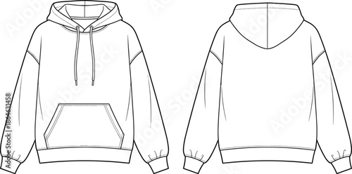 Technical flat sketch of hooded sweatshirt, front and back view, fashion design template, garment construction illustration, hoodie layout